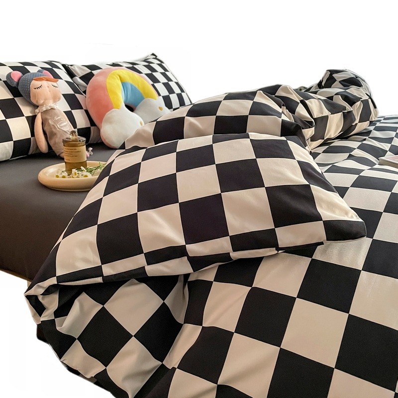 棋盤格厚磨毛水洗棉牀單四件套被套單人宿舍牀上三件套被罩牀笠款-細節圖2
