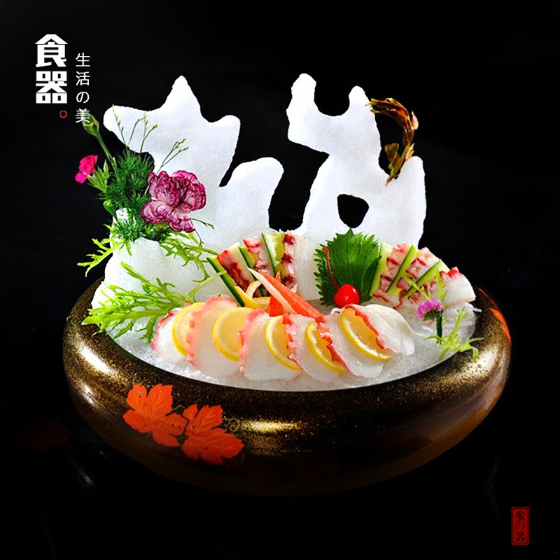 金色刺身盤壽司冠塑料冰盤圓形冰盤壽司桶刺身盤三文魚盤刺身冰板-細節圖3