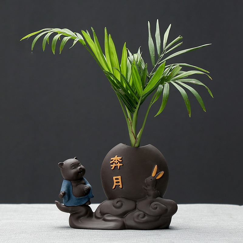 個性迷你水培豬年生肖創意茶寵擺件精品可養茶桌茶盤茶道花瓶花器-細節圖4