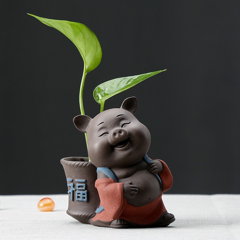 個性迷你水培豬年生肖創意茶寵擺件精品可養茶桌茶盤茶道花瓶花器-細節圖5