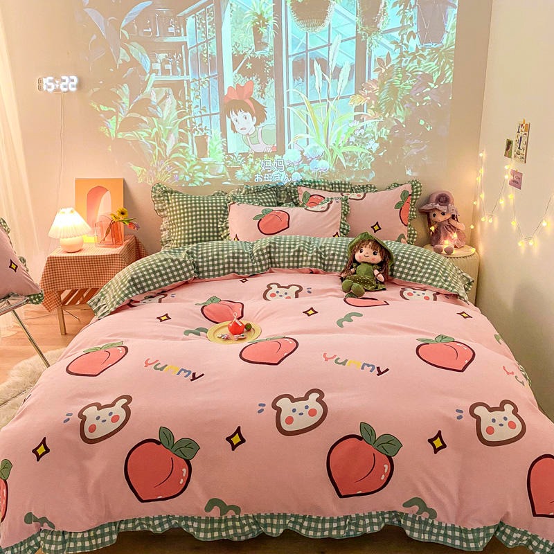 韓版卡通四件套牀笠款夏天 冰絲少女心 公主風被套牀單牀上三件套-細節圖2