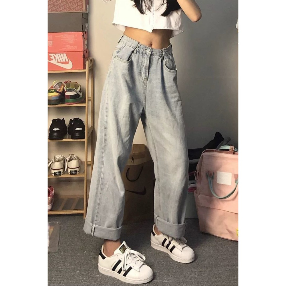 秋季新款泫雅高腰牛仔褲女顯瘦直筒寬松闊腿老爹褲學生拖地長褲潮-細節圖6