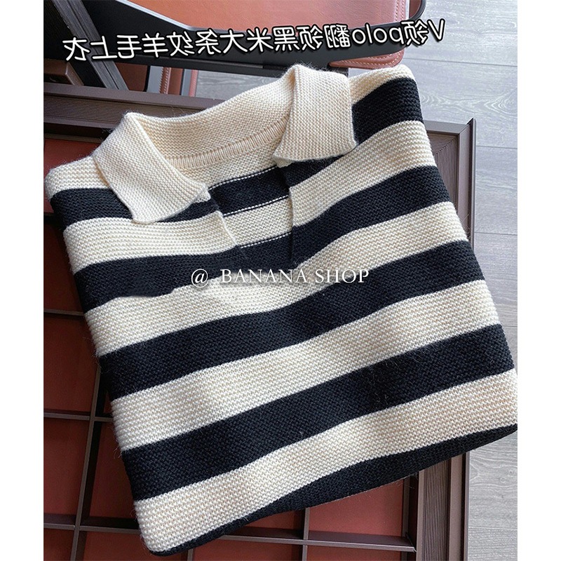 品牌折扣店商場撤回女裝外貿剪標撿漏polo翻領黑米大條紋針織毛衣-細節圖3