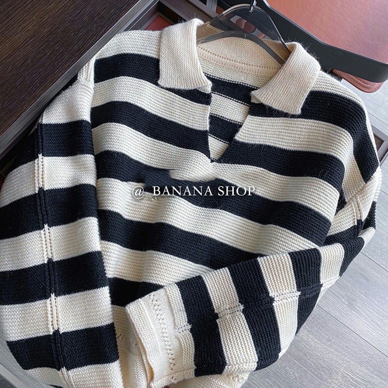 品牌折扣店商場撤回女裝外貿剪標撿漏polo翻領黑米大條紋針織毛衣-細節圖5
