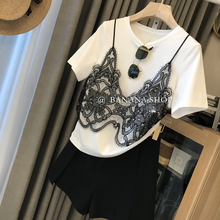 香蕉芭那那【篙級顏值單品~時髦精B入!】蕾絲吊帶假兩件短袖女夏-細節圖3