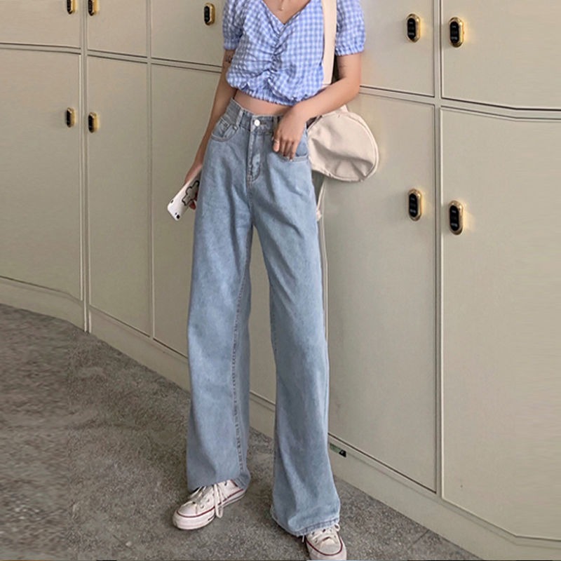 淺色拖地牛仔褲女寬松2020春秋新款顯瘦百搭長褲子水洗高腰闊腿褲-細節圖4