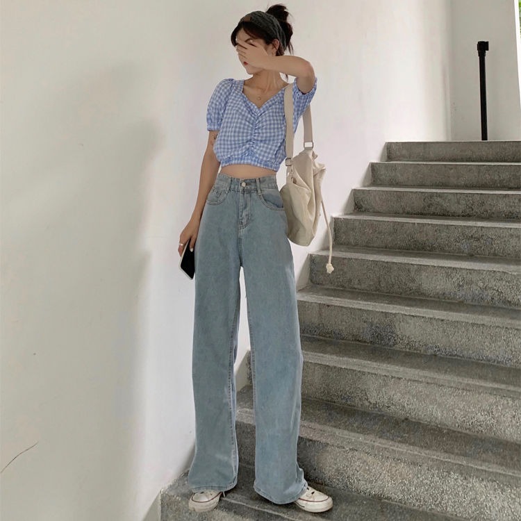 淺色拖地牛仔褲女寬松2020春秋新款顯瘦百搭長褲子水洗高腰闊腿褲-細節圖10