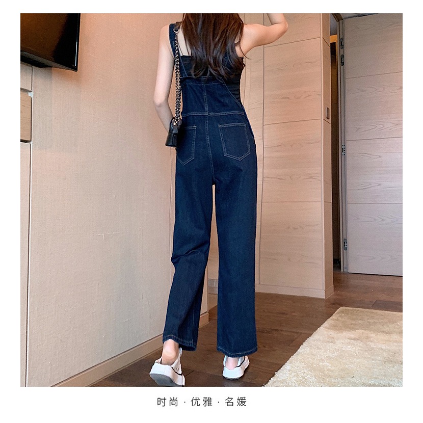 深色牛仔背帶褲女韓版寬松秋季直筒高腰顯瘦連體褲港風chic闊腿褲-細節圖5