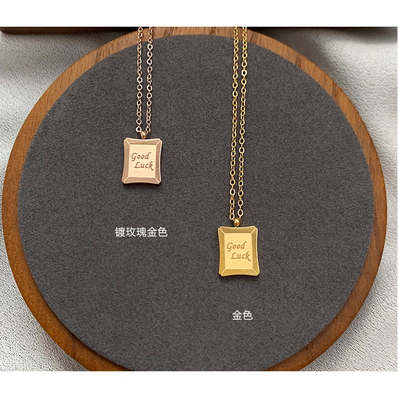 日韓版簡約方形吊牌刻字母goodluck好運幸運鈦鋼短款項鏈女鎖骨鏈-細節圖7
