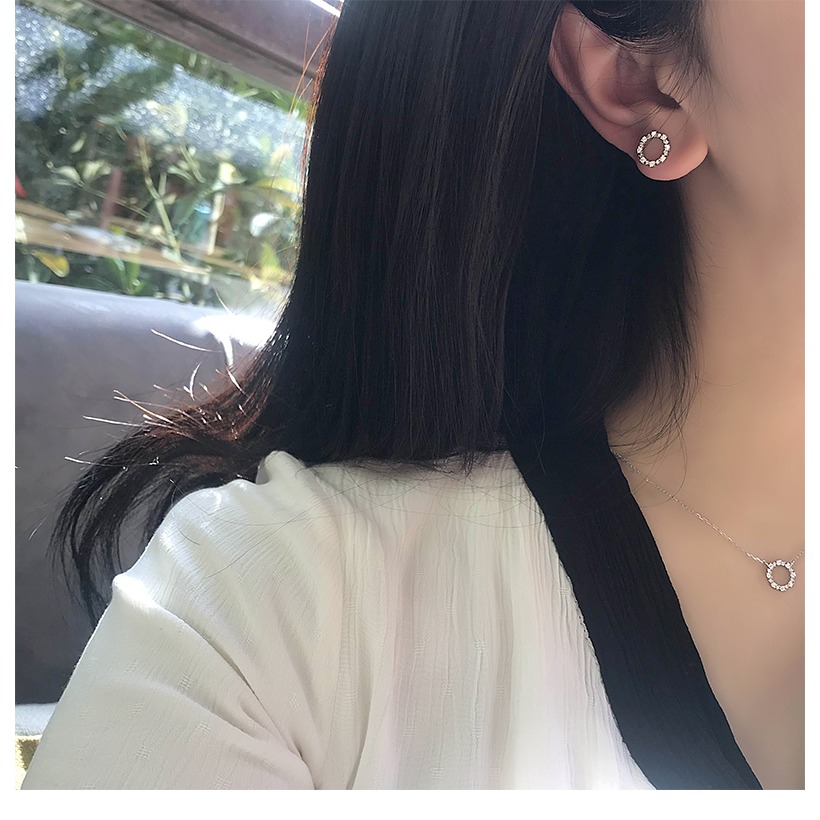 日韓版簡約個性迷你精緻鑲鉆925銀圓形短款項鏈鎖骨鏈女耳釘耳環-細節圖9