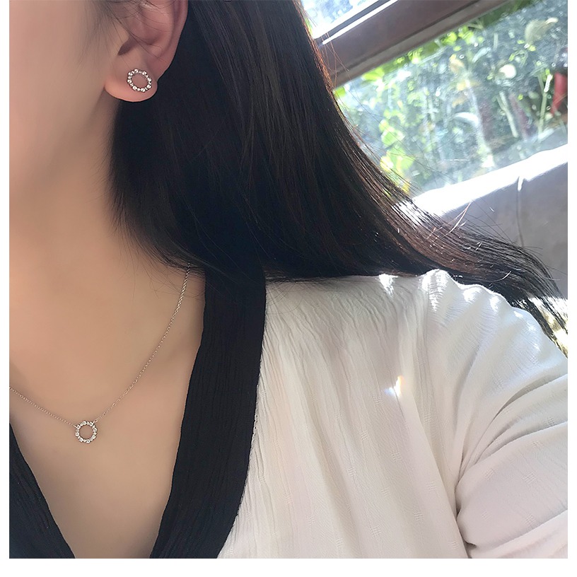 日韓版簡約個性迷你精緻鑲鉆925銀圓形短款項鏈鎖骨鏈女耳釘耳環-細節圖10