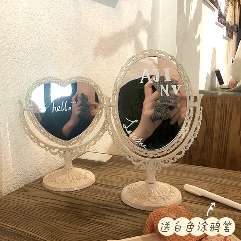 網紅鏡子ins風化妝鏡臺式少女心桌面梳妝鏡北歐公主鏡旋轉雙面鏡-細節圖2