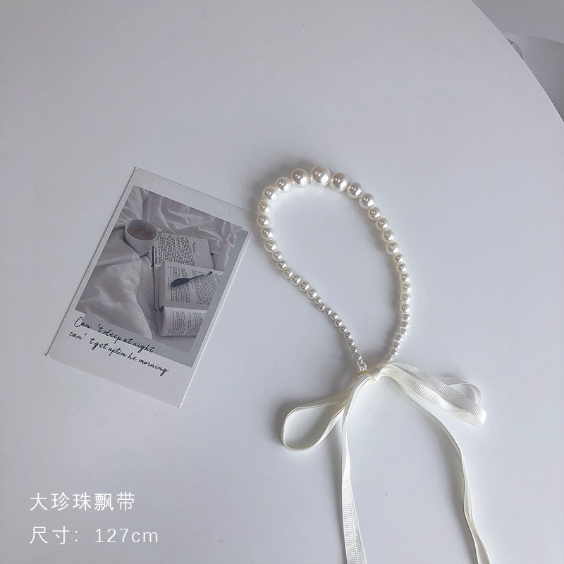 新款ins日韓珍珠發帶女夏綁發蕾絲兩用頸鏈仙女頭飾飄帶小眾發箍-細節圖6