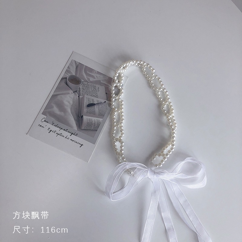 新款ins日韓珍珠發帶女夏綁發蕾絲兩用頸鏈仙女頭飾飄帶小眾發箍-細節圖9