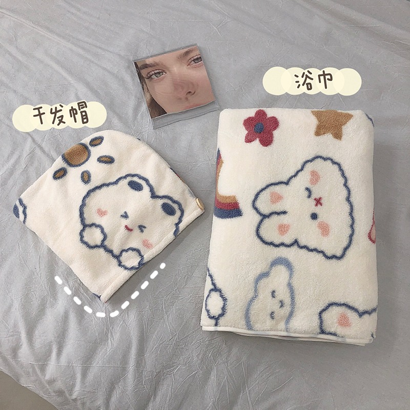 卡通浴巾女幹發帽三件套洗澡裹巾可愛可穿可裹珊瑚絨吸水大毛巾-細節圖3