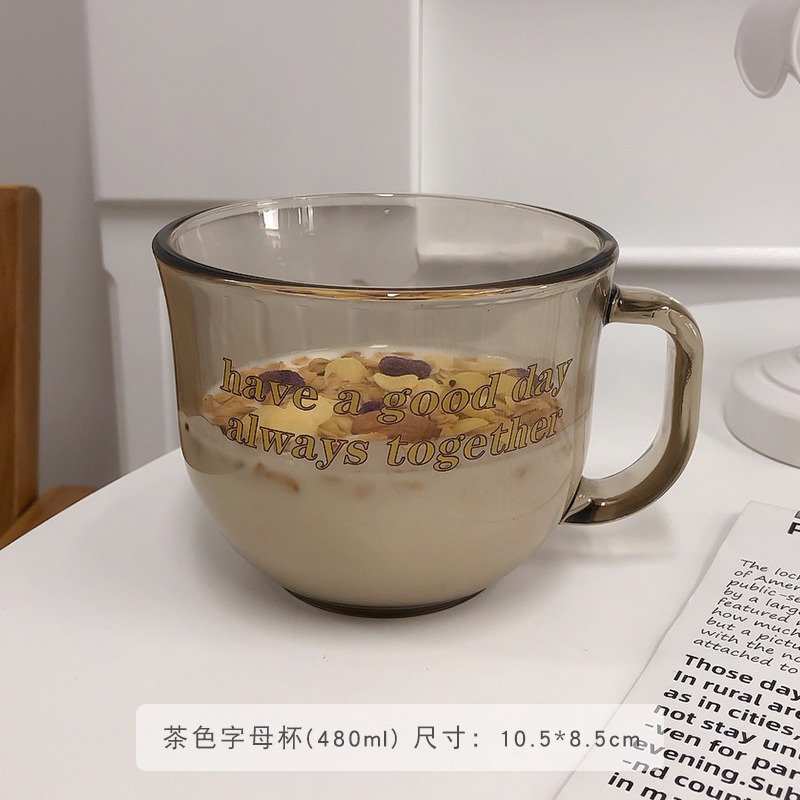 網紅茶色玻璃杯大容量水杯女耐熱帶勺子家用咖啡燕麥牛奶早餐杯子-細節圖10