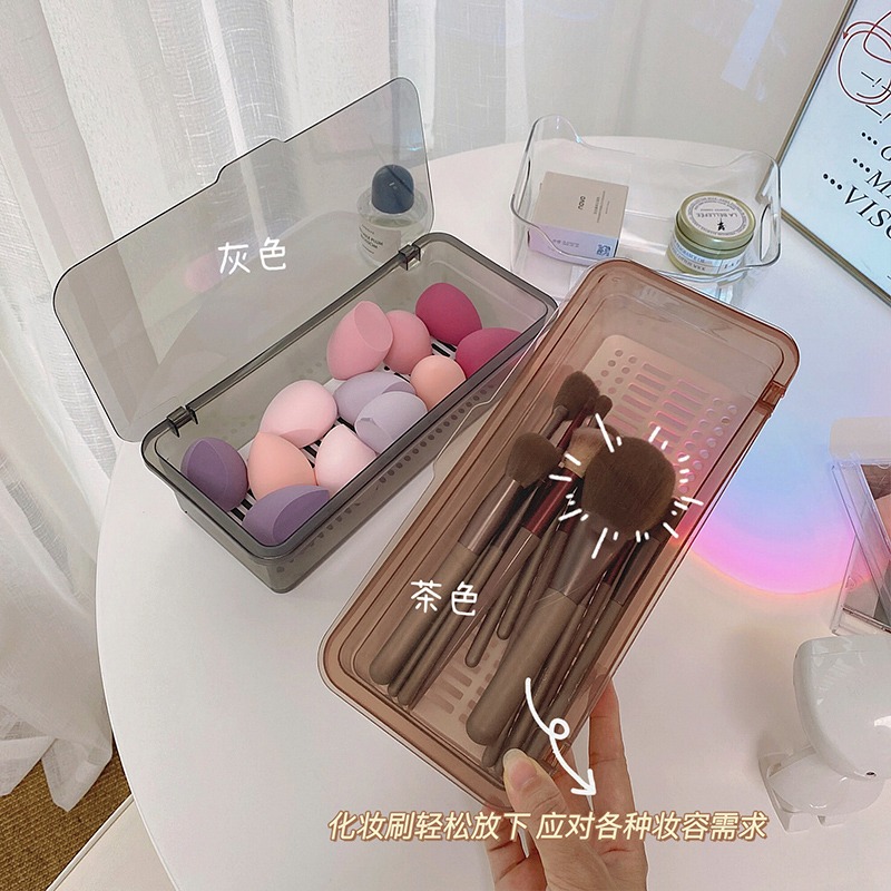 ins風透明化妝刷收納盒防塵帶蓋桌面眉筆美妝蛋收納桶大容量便攜-細節圖5