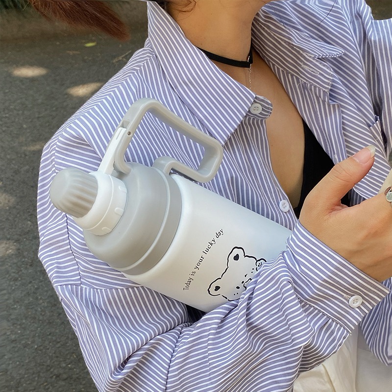 ins風帶吸管保溫杯女高顏值網紅水杯大容量便攜手提水壺學生杯子-細節圖2