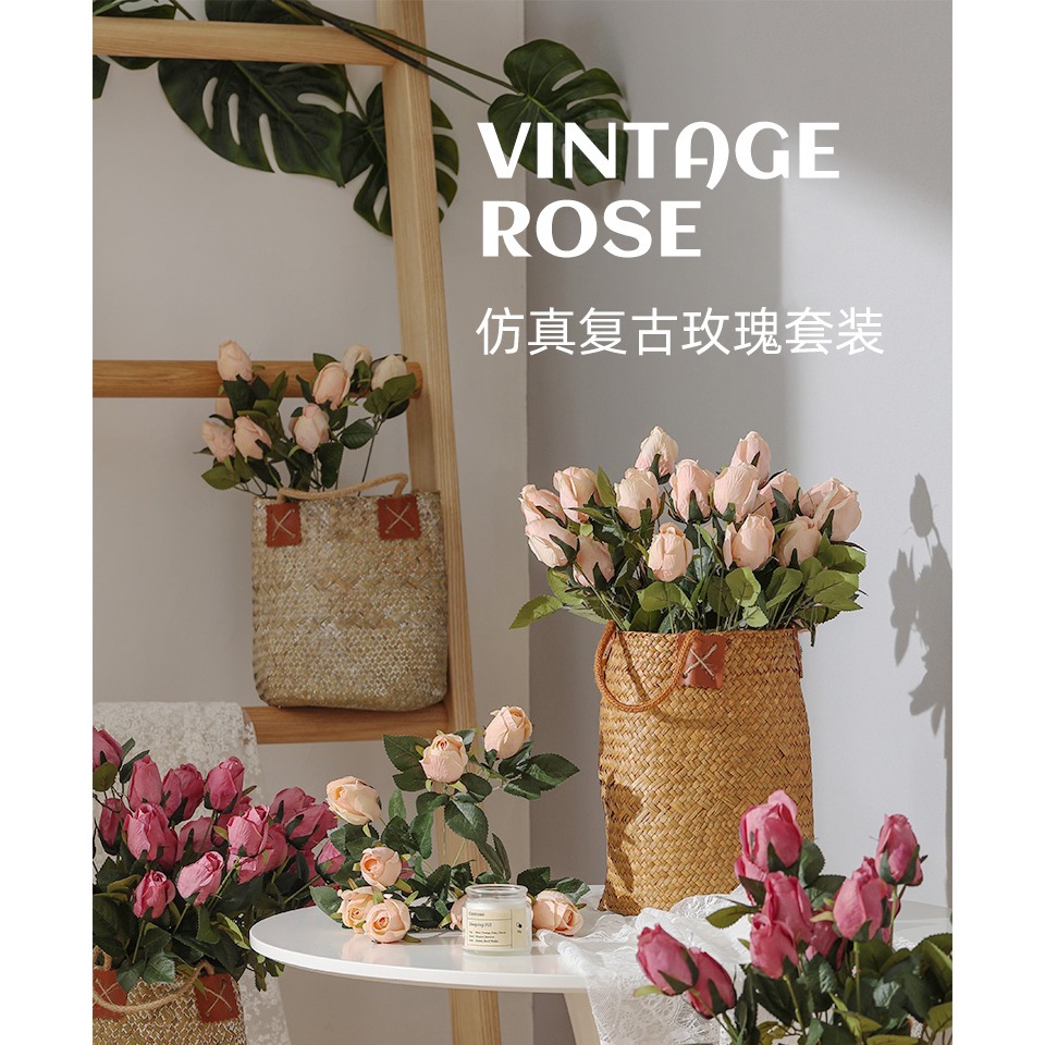 九頭復古玫瑰客廳裝飾品擺件花束仿真花絹花假花桌花擺設-細節圖5
