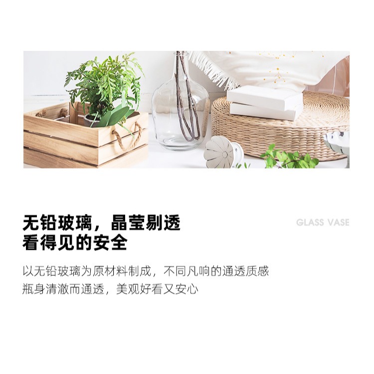 花瓶北歐簡約大肚玻璃花瓶吊鐘馬醉木插花水培落地透明大擺件-細節圖8