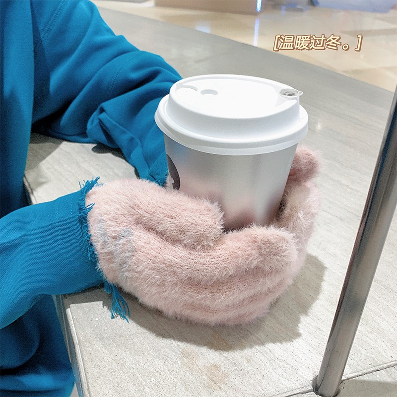 毛絨手套冬季女加絨加厚可愛騎行防寒保暖騎車分指露指頭五指冬天-細節圖2
