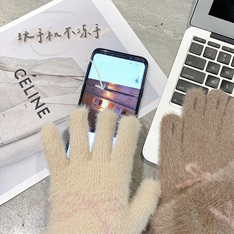毛絨手套冬季女加絨加厚可愛騎行防寒保暖騎車分指露指頭五指冬天-細節圖3