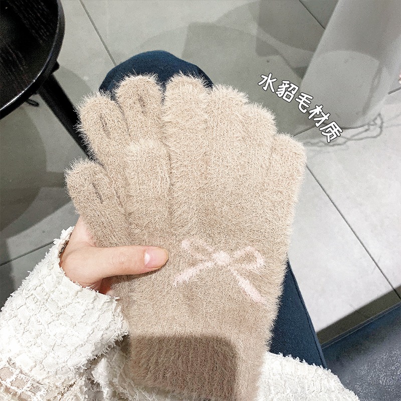 毛絨手套冬季女加絨加厚可愛騎行防寒保暖騎車分指露指頭五指冬天-細節圖5