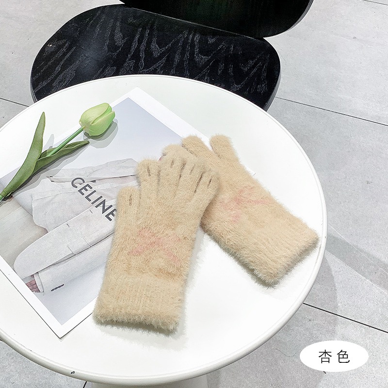 毛絨手套冬季女加絨加厚可愛騎行防寒保暖騎車分指露指頭五指冬天-細節圖6