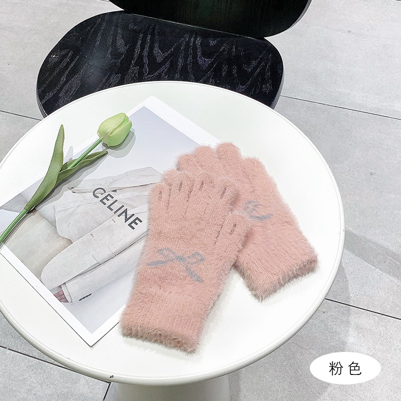毛絨手套冬季女加絨加厚可愛騎行防寒保暖騎車分指露指頭五指冬天-細節圖7