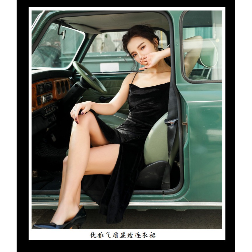 吊帶連衣裙女夏季新款韓版性感開叉內搭禮服絲絨打底赫本小黑裙潮-細節圖7