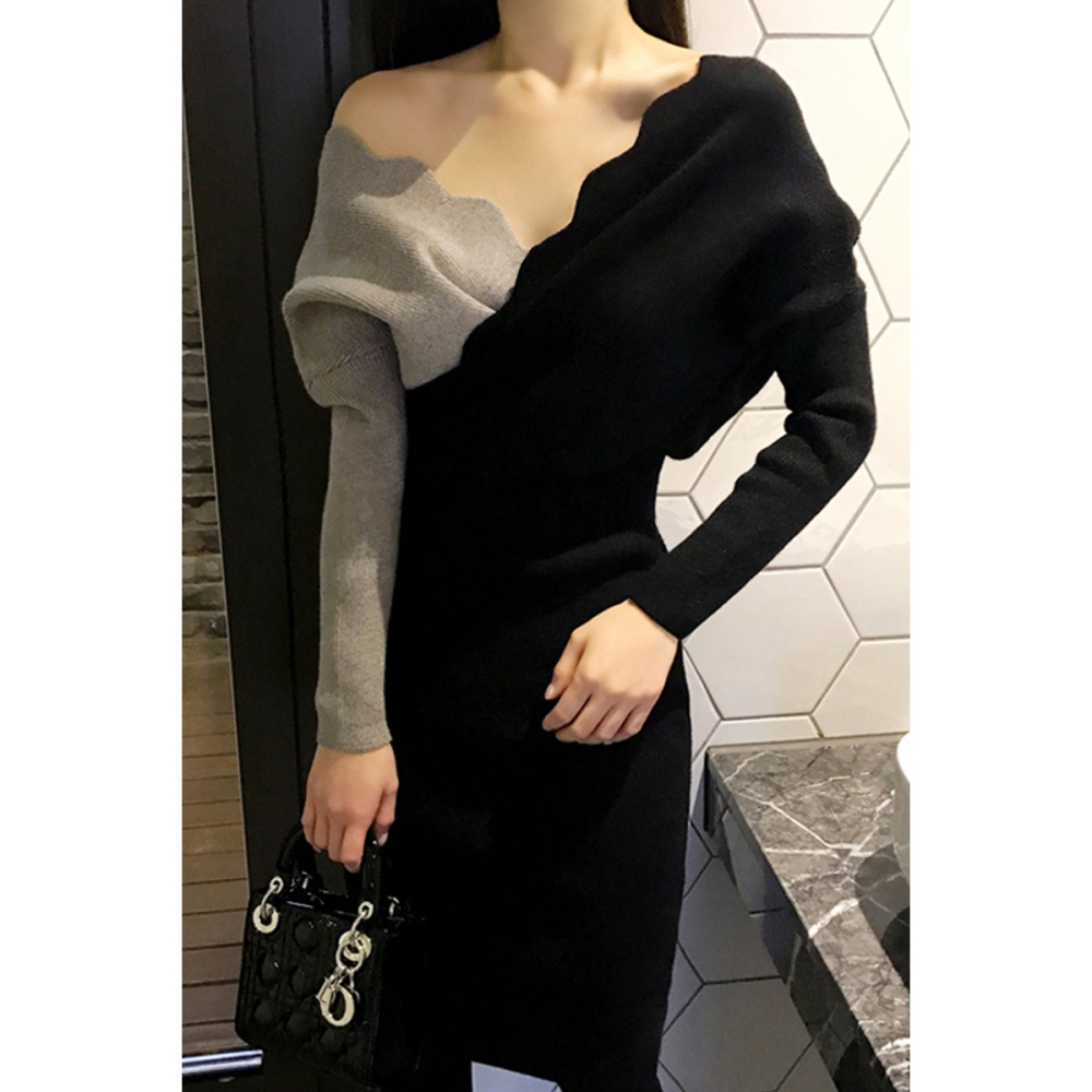 針織連衣裙秋冬裝新款女裝修身性感v領長袖中長款打底毛衣裙-細節圖5
