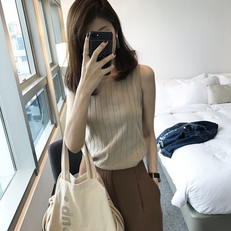 夏季韓版冰絲無袖針織背心女外穿修身常規學生吊帶內搭打底衫-細節圖4