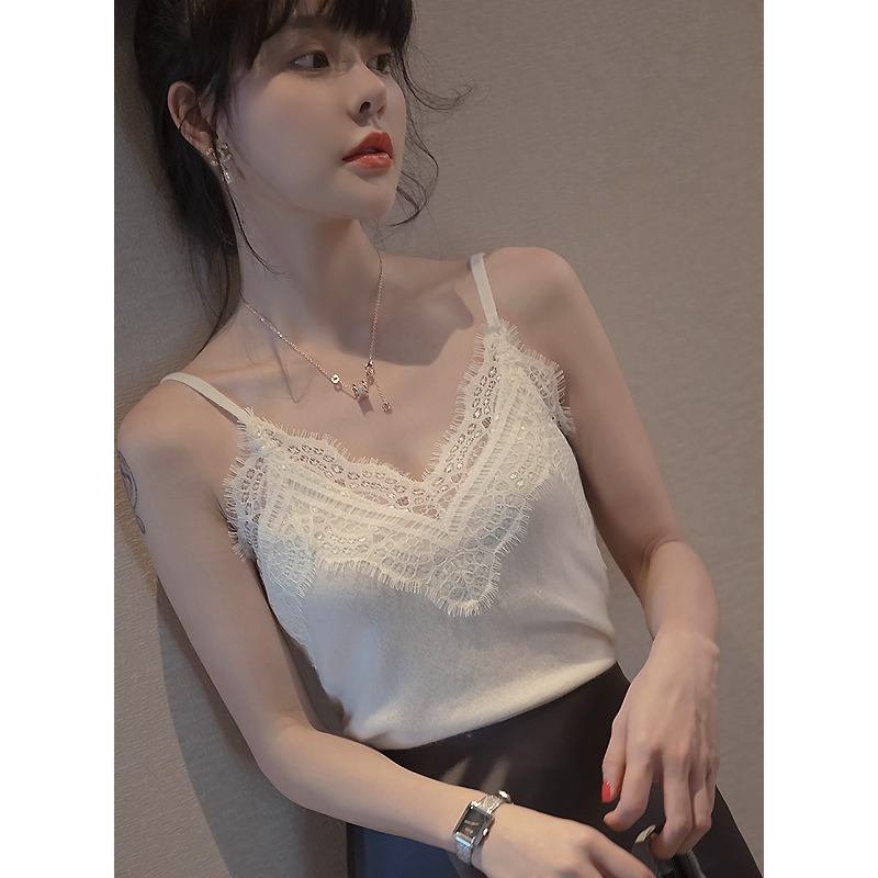 春夏新款蕾絲針織吊帶背心女外穿修身無袖V領上衣內搭打底衫-細節圖2