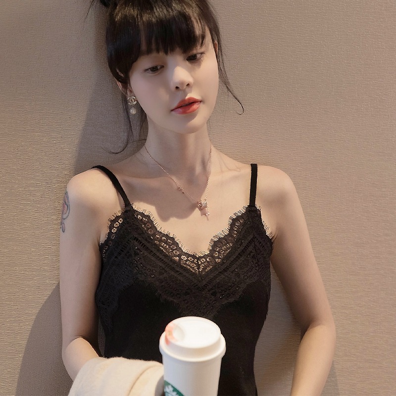 春夏新款蕾絲針織吊帶背心女外穿修身無袖V領上衣內搭打底衫-細節圖8
