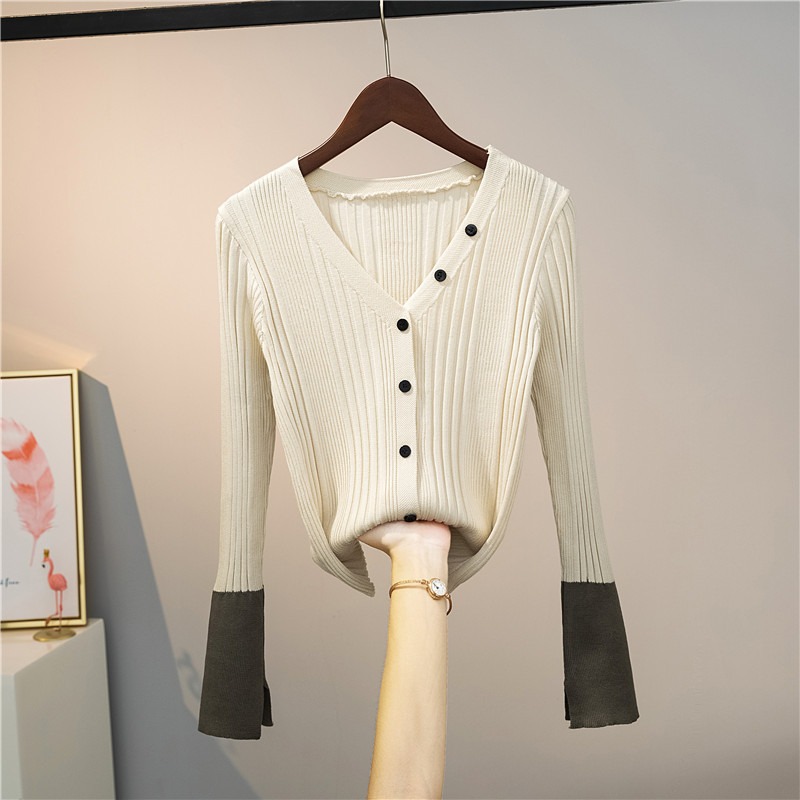 設計感小眾拼色上衣女秋季溫柔風v領修身打底衫薄款針織開衫外套-細節圖8