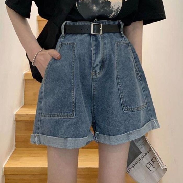 夏季韓版ins復古高腰卷邊牛仔短褲女寬松百搭顯瘦a字闊腿褲熱褲潮-細節圖2