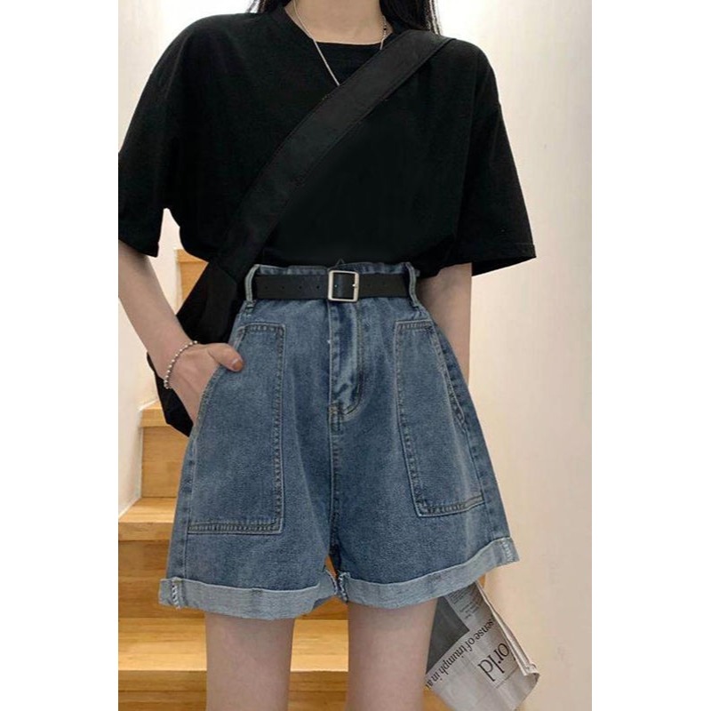 夏季韓版ins復古高腰卷邊牛仔短褲女寬松百搭顯瘦a字闊腿褲熱褲潮-細節圖6