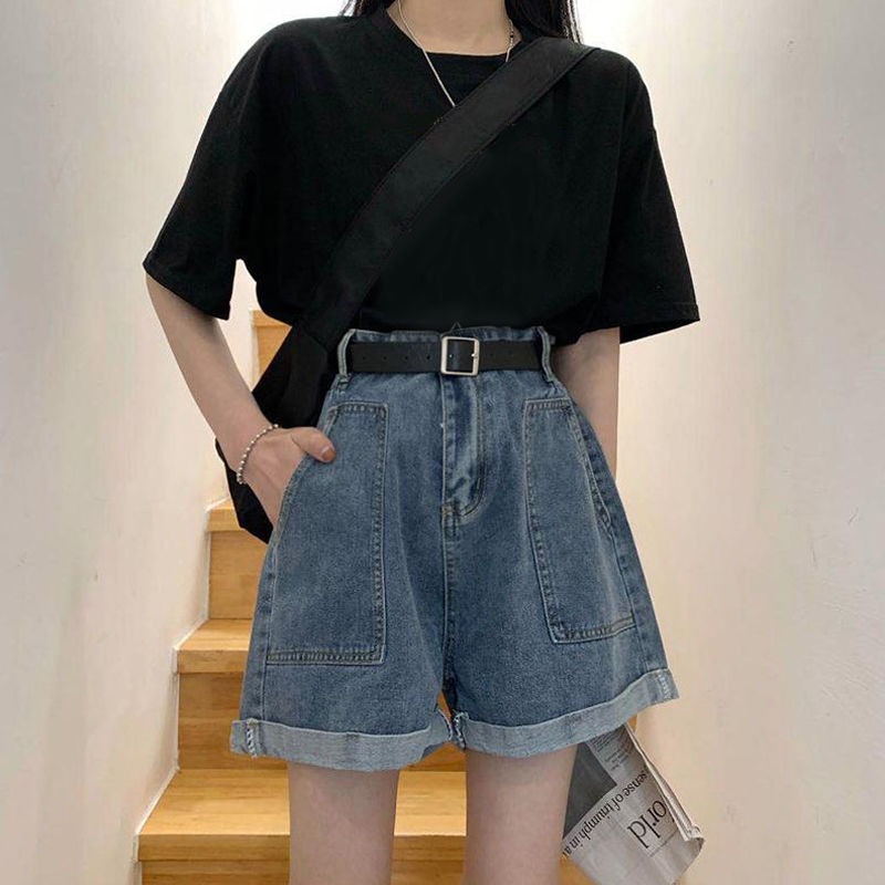 夏季韓版ins復古高腰卷邊牛仔短褲女寬松百搭顯瘦a字闊腿褲熱褲潮-細節圖7