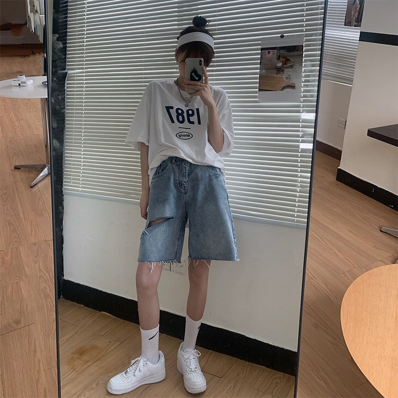 牛仔五分褲女夏季新款ins高腰顯瘦破洞直筒中褲網紅寬松闊腿短褲-細節圖3