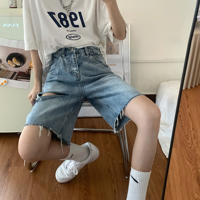 牛仔五分褲女夏季新款ins高腰顯瘦破洞直筒中褲網紅寬松闊腿短褲-細節圖4