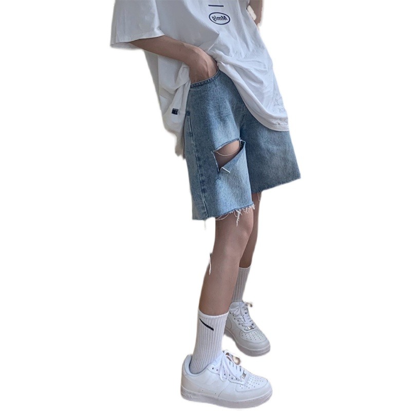 牛仔五分褲女夏季新款ins高腰顯瘦破洞直筒中褲網紅寬松闊腿短褲-細節圖5