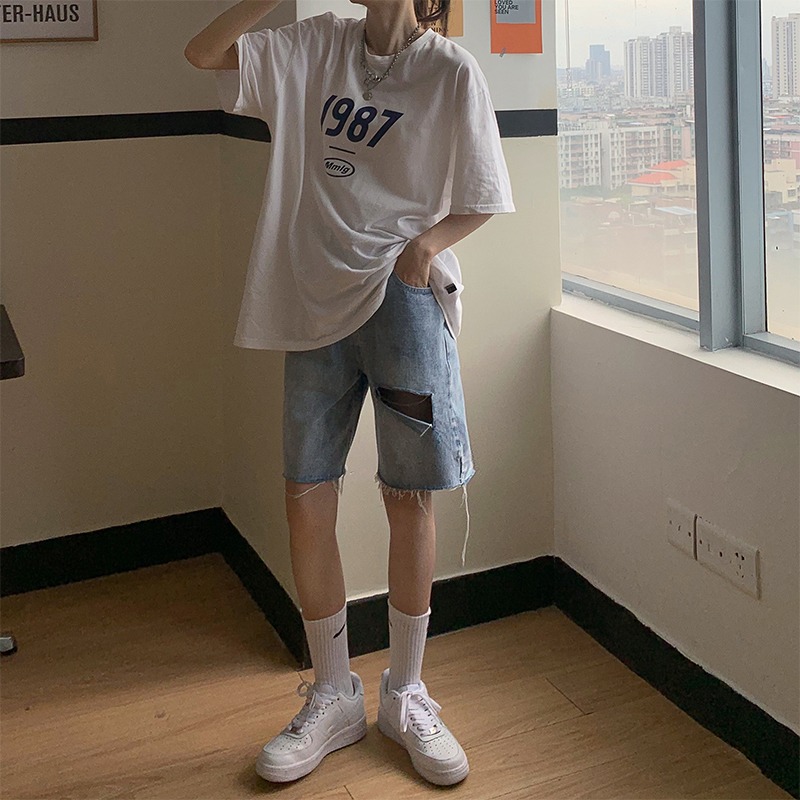 牛仔五分褲女夏季新款ins高腰顯瘦破洞直筒中褲網紅寬松闊腿短褲-細節圖9