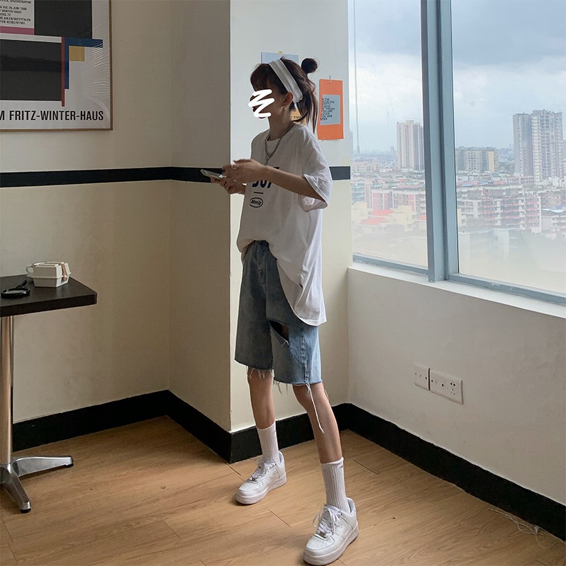 牛仔五分褲女夏季新款ins高腰顯瘦破洞直筒中褲網紅寬松闊腿短褲-細節圖10