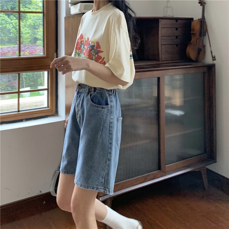 高腰牛仔短褲女夏寬松新款韓版顯瘦褲子學生直筒五分褲ins潮-細節圖3
