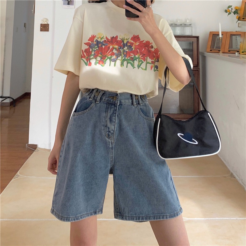 高腰牛仔短褲女夏寬松新款韓版顯瘦褲子學生直筒五分褲ins潮-細節圖4