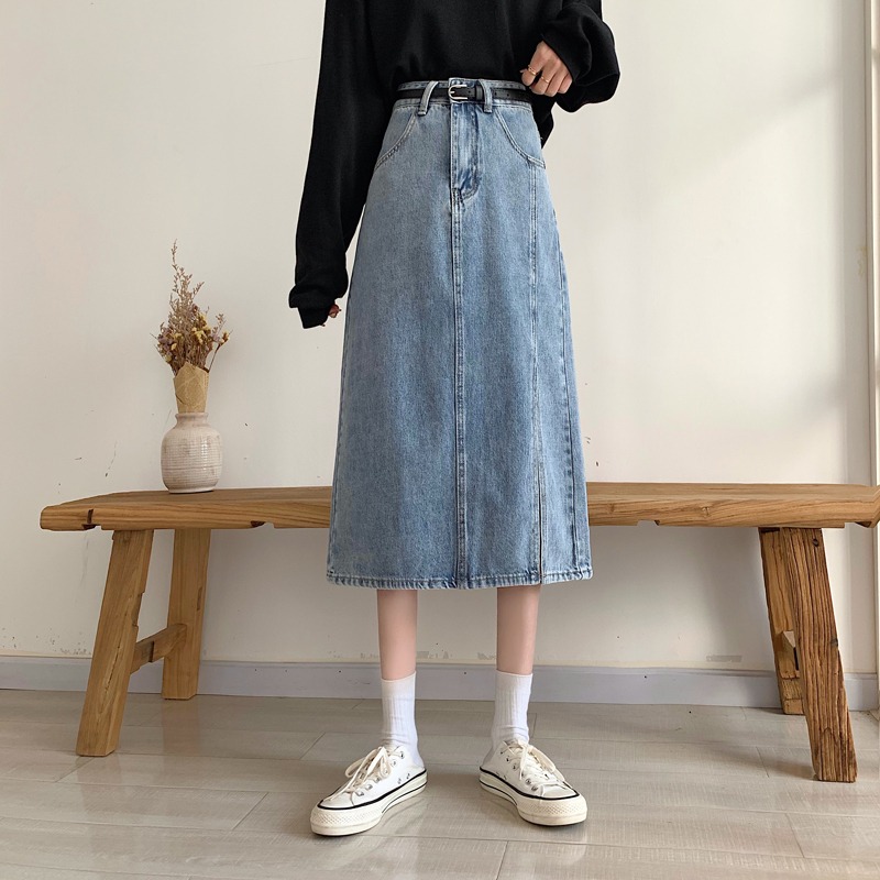 牛仔半身裙春季新款高腰開叉顯瘦遮胯a字裙子女小個子中長裙-細節圖3