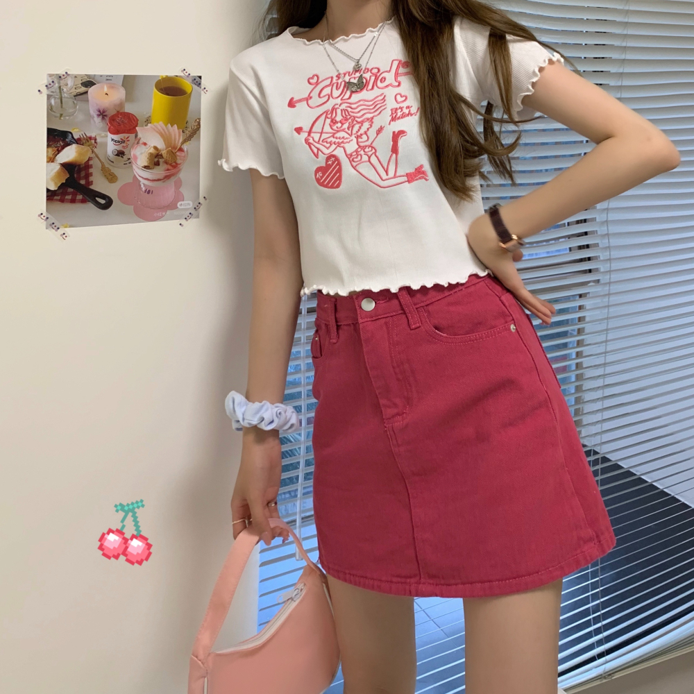 高腰牛仔短裙女夏年新款時尚韓版顯瘦包臀裙子紅色a字半身裙-細節圖2