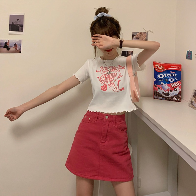 高腰牛仔短裙女夏年新款時尚韓版顯瘦包臀裙子紅色a字半身裙-細節圖3