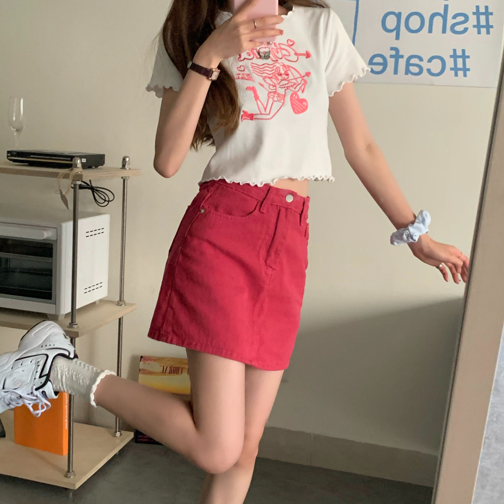 高腰牛仔短裙女夏年新款時尚韓版顯瘦包臀裙子紅色a字半身裙-細節圖4