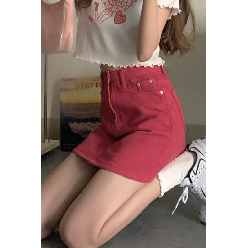 高腰牛仔短裙女夏年新款時尚韓版顯瘦包臀裙子紅色a字半身裙-細節圖6